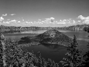 Island, Canada, trees, viewes, Mountains, lake