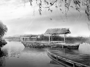 roofing, lake, trees, viewes, Rain, Platform