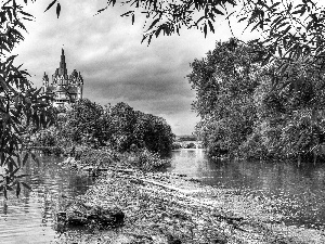 trees, viewes, Castle, bridge, River