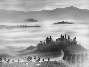 Tuscany, Italy, Hill, Fog, Way, house, viewes, cypresses, trees