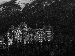 Mountains, Hotel hall, twilight, woods