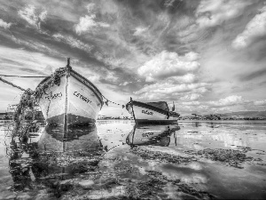 clouds, Beaches, Boats, Sky, sea, Two, reflection