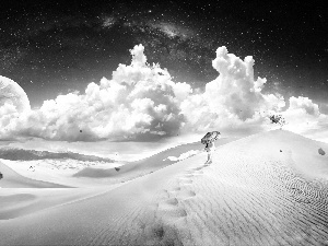 Japanese, umbrella, moon, Dunes, clouds, Women, fantasy, Desert