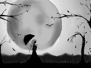 trees, viewes, Women, Umbrella, moon