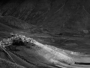 field, Mountains, Umbria, Italy, Town, medows