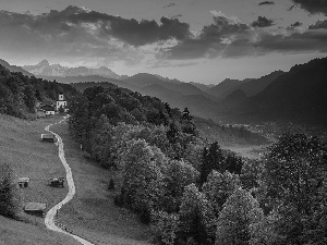 woods, Way, panorama, Mountains, church, Valley, towns