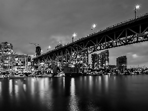 Fraser, skyscraper, Vancouver, night, bridge, River