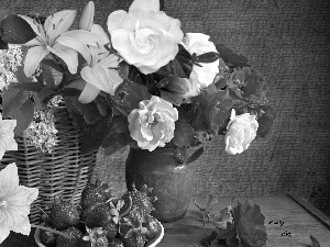 Flowers, basket, Vase, strawberries