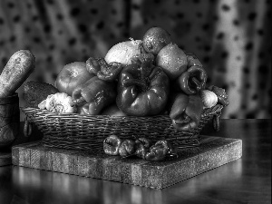 basket, Wooden, mortar, pepper, vegetables, board