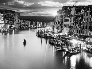 canal, boats, west, Gondolas, Houses, Venice, sun