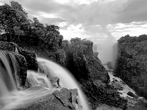 trees, waterfall, victoria, Zambia, viewes, rocks