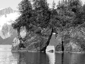 lake, Mountains, viewes, Alaska, trees, rocks