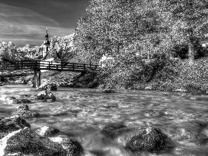 bridges, tear, viewes, Church, trees, River