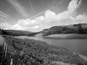 viewes, clouds, River, trees, field