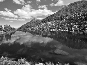 viewes, clouds, Mountains, trees, River