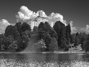 water, Castle, viewes, clouds, trees, Hill