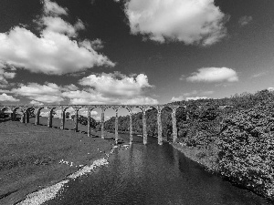 Meadow, River, viewes, clouds, trees, bridge