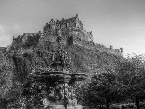 fountain, Castle, viewes, Flowers, trees, scarp