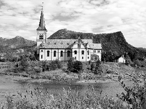 Mountains, church, viewes, grass, trees, brook