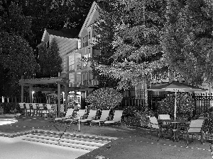 viewes, green, Pool, trees, Hotel hall