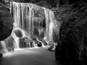 viewes, green, rocks, trees, waterfall