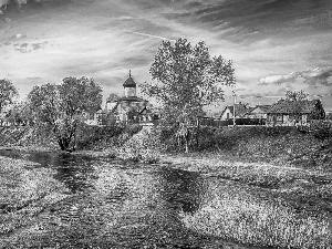 River, Pskov, viewes, Houses, trees, Cerkiew