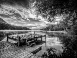 lake, trees, viewes, Platform