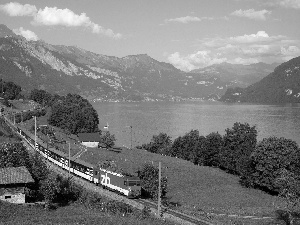 Mountains, Train, viewes, lake, trees, electric