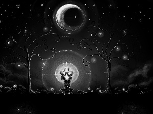 viewes, moon, star, trees, Chibionpu