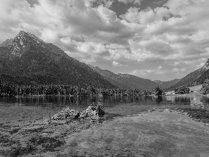 viewes, Lake Hintersee, Bavaria, trees, Alps Mountains, rocks, Germany