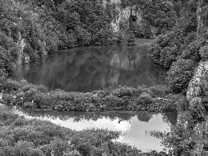 viewes, lakes, VEGETATION, trees, Coartia, rocks, Plitvice Lakes National Park