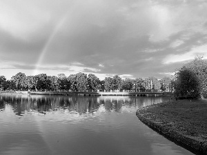 viewes, Great Rainbows, lake, trees, Church