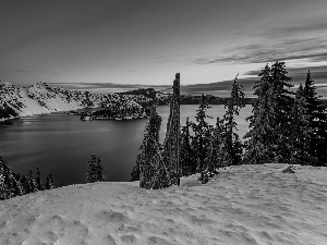 viewes, snow, Mountains, trees, lake