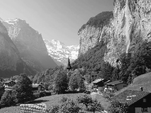 trees, waterfall, Lauterbrunnen, Houses, Mountains, viewes, Switzerland