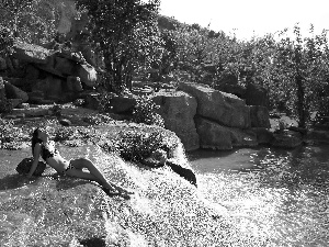 rocks, Women, viewes, Wietnam, trees, waterfall