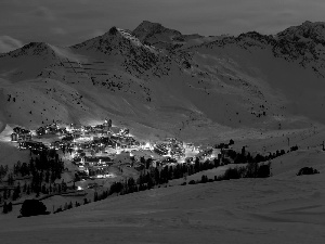 trees, Town, Mountains, Houses, illuminated, viewes, winter