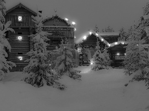 viewes, winter, Houses, trees, illuminated