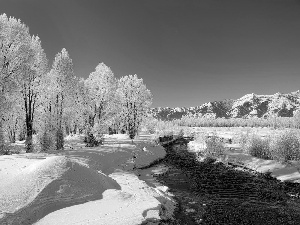 viewes, winter, Mountains, trees, River