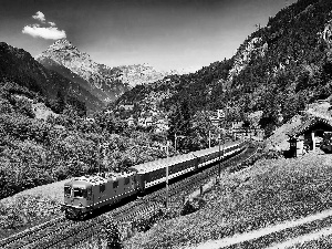 village, Train, woods, Valley, Alps