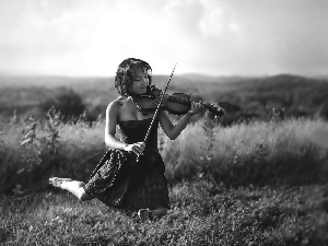 violin, Meadow, Women