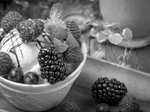 Waffle, raspberries, mint, blueberries, leaves, ice cream, dessert, blackberries