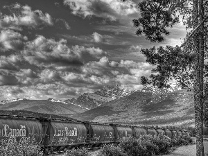 Mountains, trees, Wagons, clouds