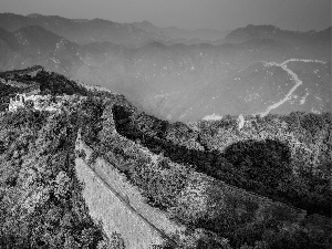 Mountains, China, west, sun, Fog, Great Chinese Wall