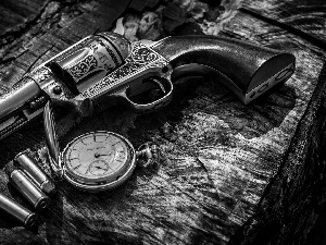 Watch, gun, cartridges