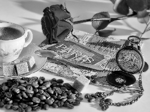 cake, coffee, pocket, rose, cup, Watch, composition