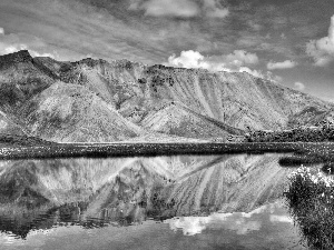 water, Mountains, clouds