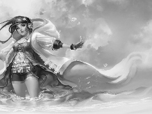 girl, cape, water, HEADPHONES