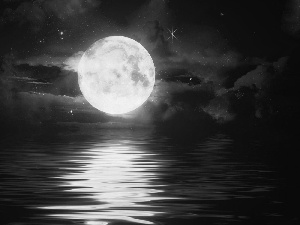 moon, clouds, water, star