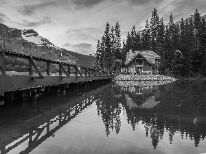 Mountains, bridge, water, Restaurant