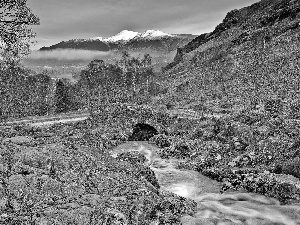 Mountains, Cascades, water, rocks